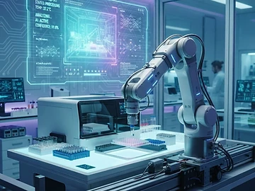 Brazo robótico de laboratorio manipulando muestras bajo la supervisión de un sistema de IA.