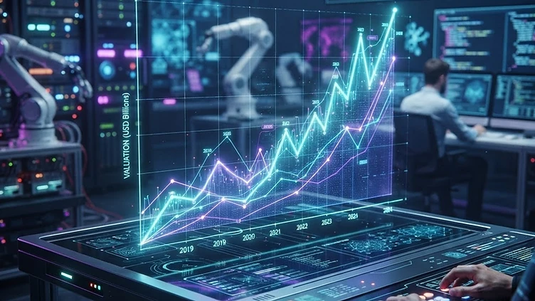 Gr谩fico financiero que muestra el crecimiento de la valoraci贸n de empresas de IA.