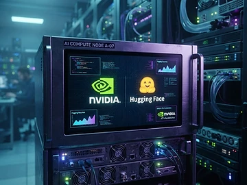 Logotipos de Nvidia y Hugging Face juntos en una pantalla de servidor.