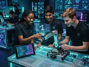Estudiantes interactuando con un kit de robótica educativa en un aula.
