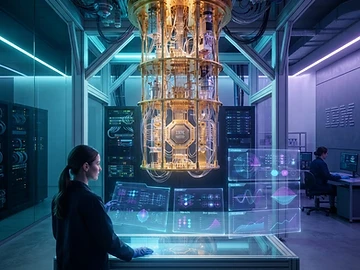 Representación visual de un procesador cuántico de IBM en un entorno de laboratorio de alta tecnología.