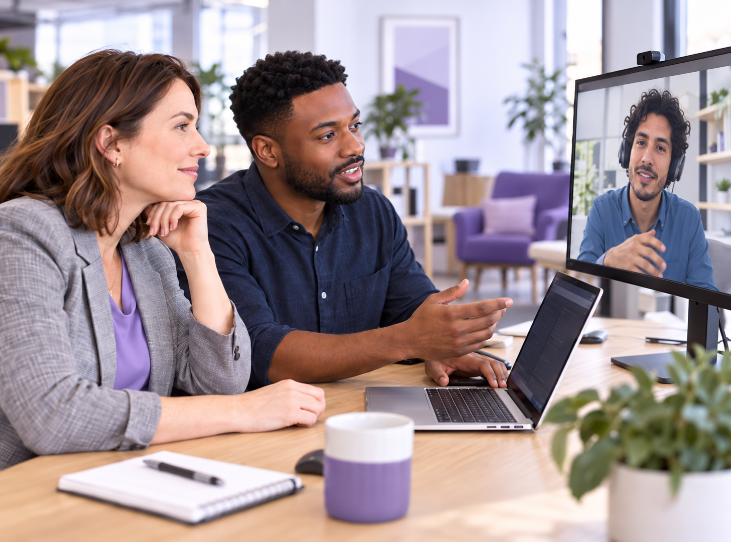 Two colleagues collaborating at a desk with a remote colleague on screen