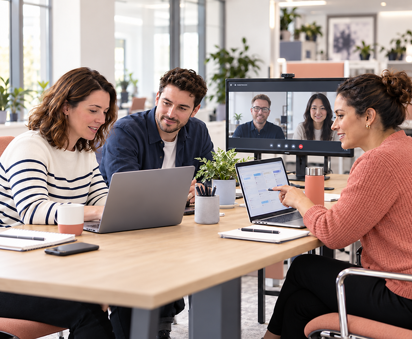 Microsoft Partner project team collaborating around a table with laptops and a video call