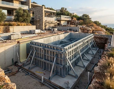 מעטפת בריכת מתכת מתועשת במהלך התקנה מסודרת