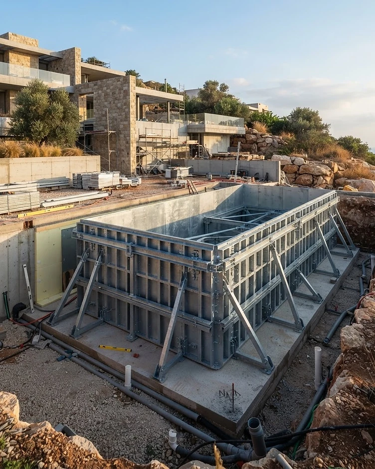 מעטפת בריכת מתכת מתועשת במהלך התקנה מסודרת