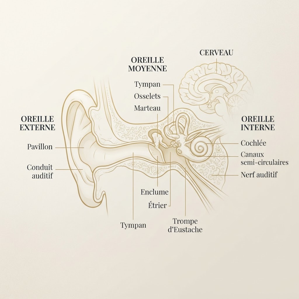 Schéma de l'oreille : oreille externe, oreille moyenne, oreille interne