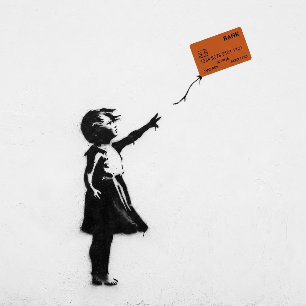 Banksy-style stencil of a girl reaching for a floating Vida card
