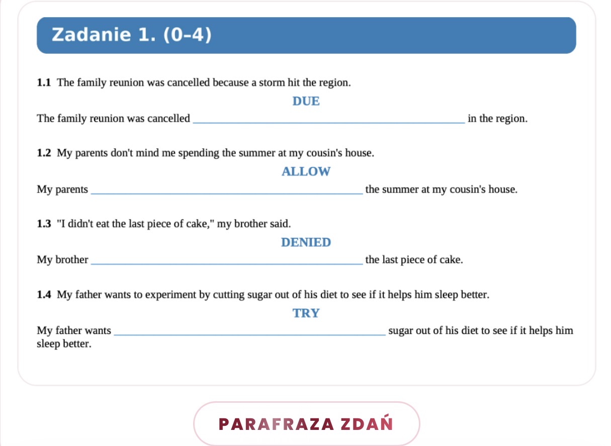 Zadanie 1 · Parafraza zdań