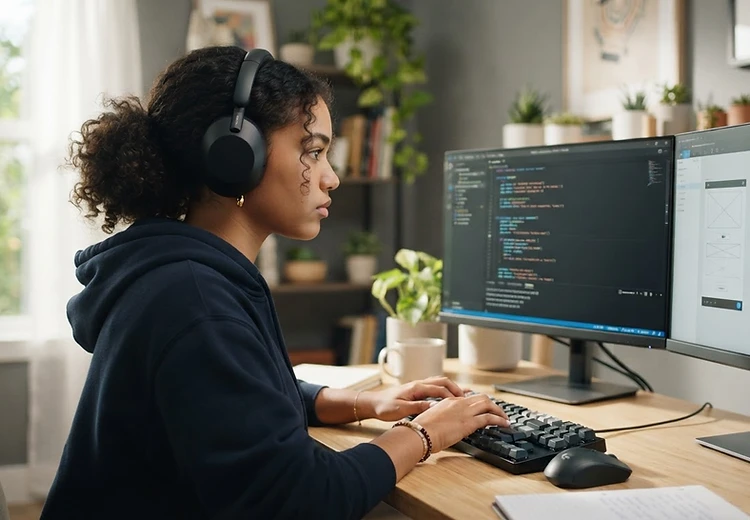Student focused on a dual-monitor workspace