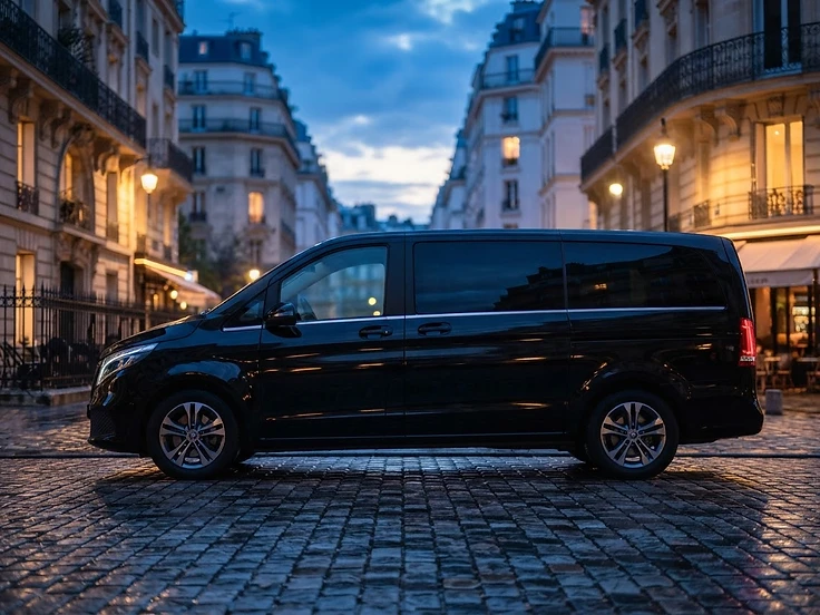 Mercedes V-Class exterior profile at blue hour in Paris