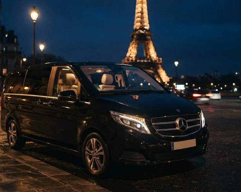 Mercedes V-Class van at blue hour in Paris with Eiffel Tower