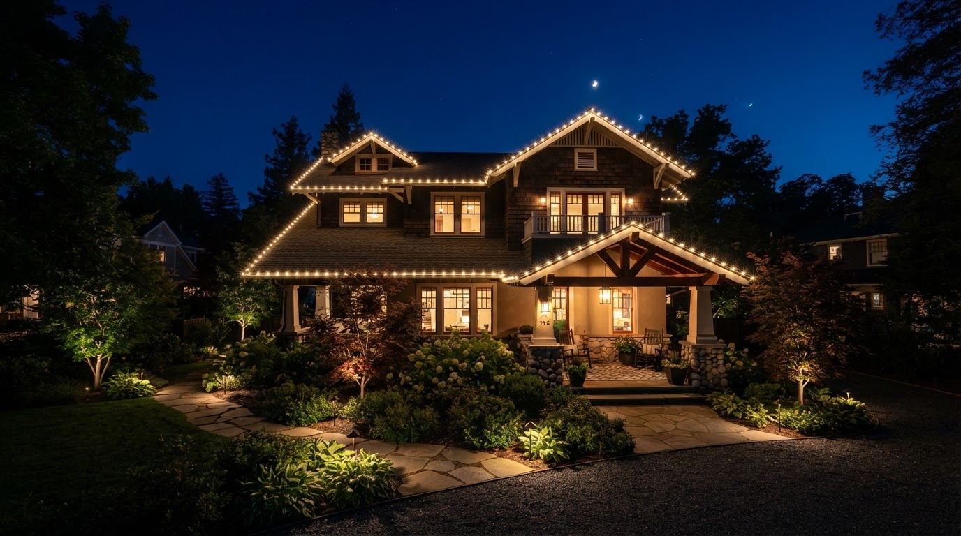 Craftsman home with professional Christmas roofline lighting at twilight