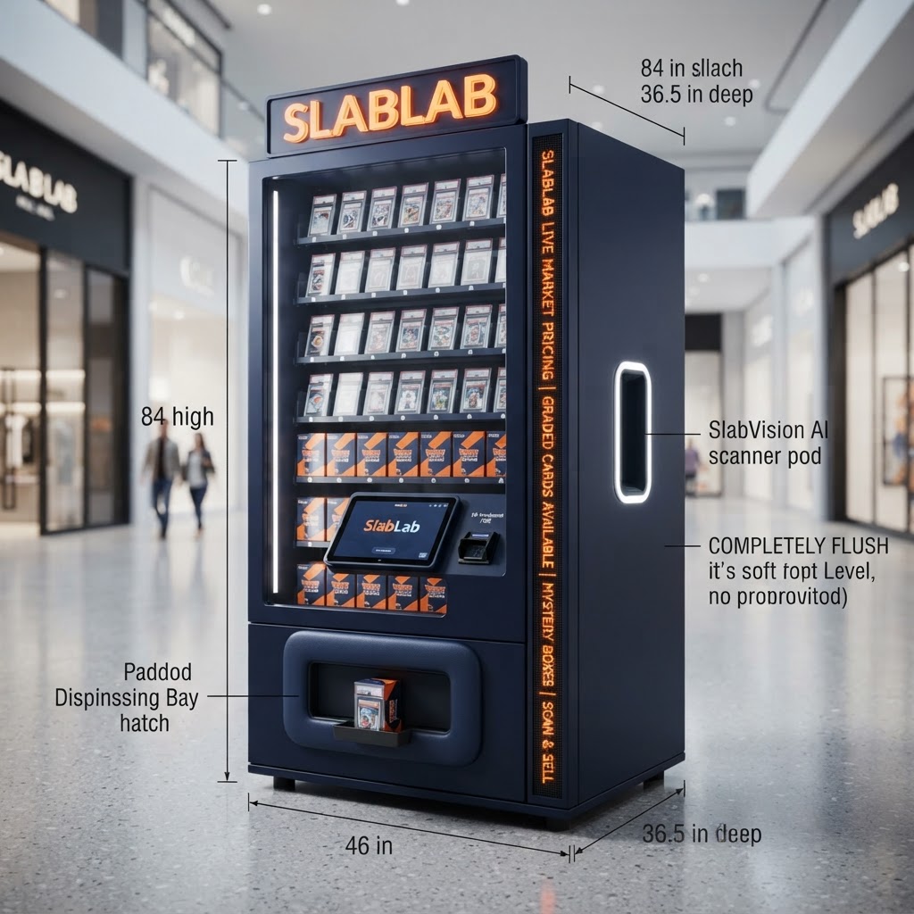 SlabLab™ Retail Kiosk full-size floor unit with annotated dimensions and integrated SlabVision scanner pod