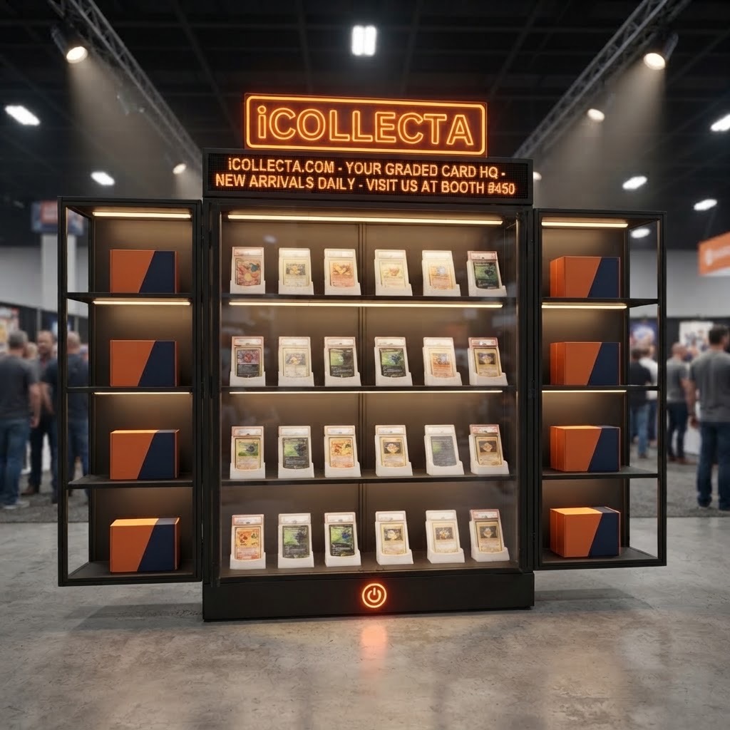 SlabLab Showcase at a card show — wings open, individual card slots full of graded slabs