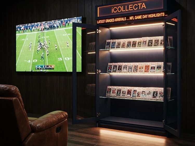 SlabLab Home Showcase — glass-door graded card cabinet
