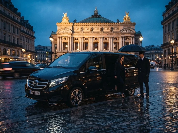 Mercedes V-Class exterior profile at blue hour in Paris