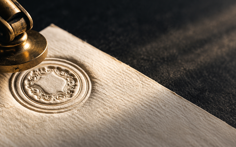 Macro photograph of a brass notary seal embossing heavy-grain paper