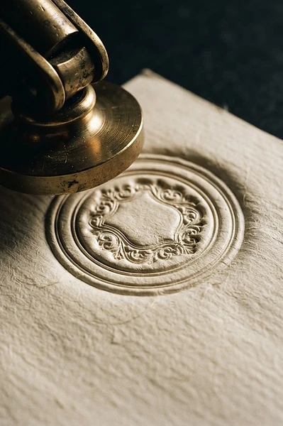 Macro of a metal notary seal pressing into heavy-grain paper