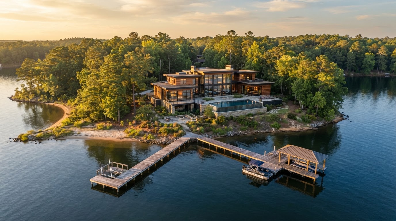 Coastal lake home at golden hour