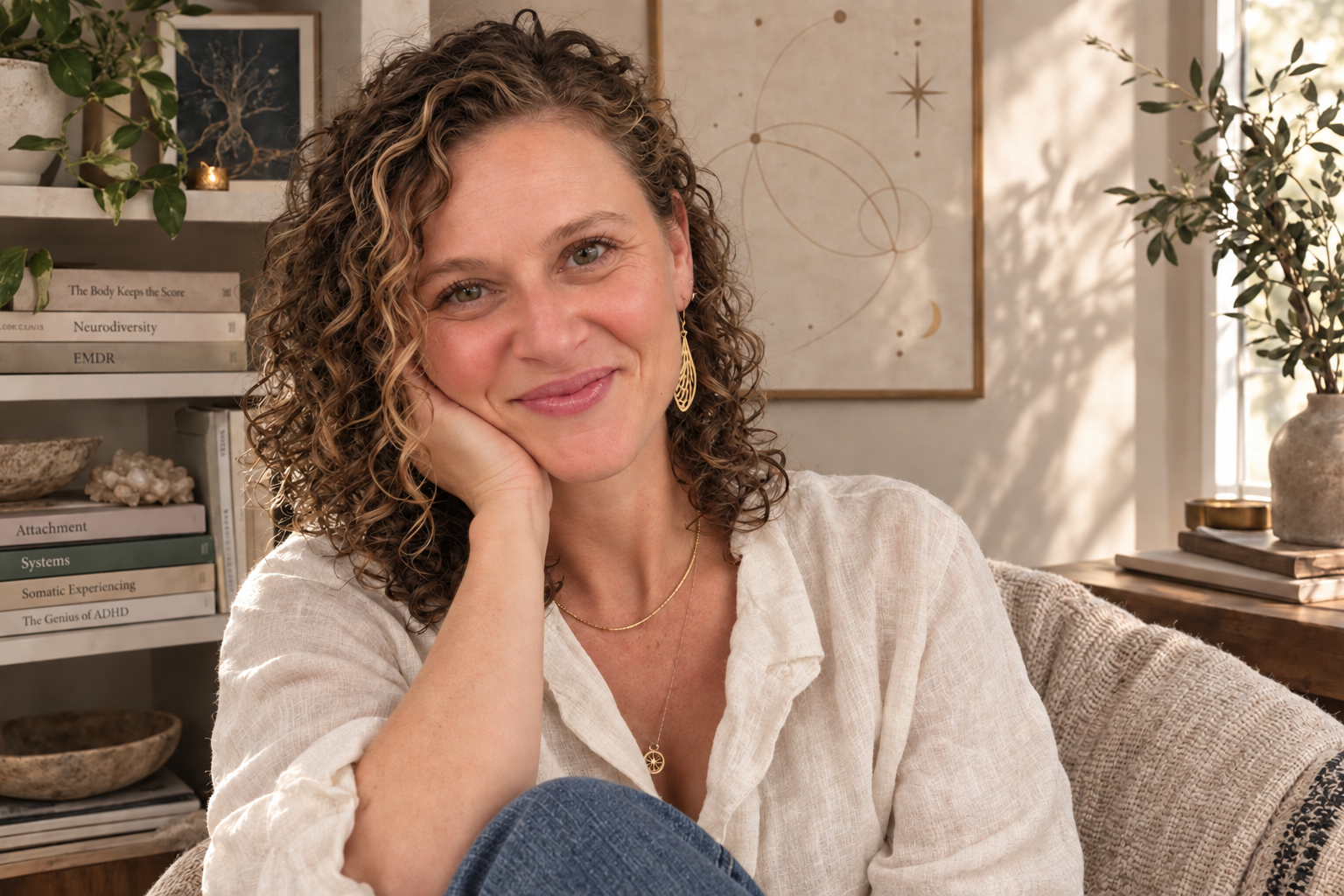 Lisa Sledd, LMFT, smiling warmly in her office, wearing a cream linen shirt, surrounded by books and plants, with celestial line art on the wall behind her.