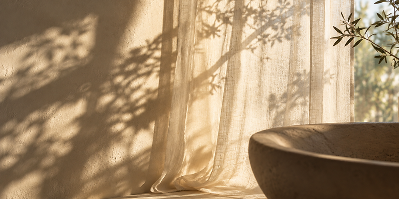 A serene sunlit interior with dappled foliage shadows falling across a sheer curtain and a textured stone basin, warm golden light.