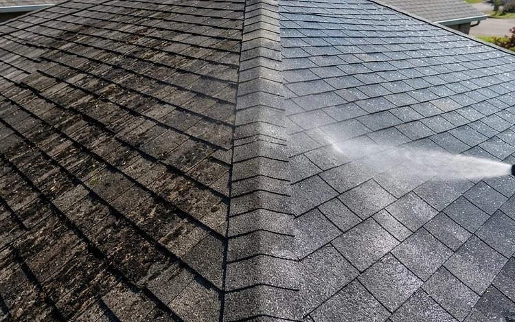 Asphalt shingle roof with black algae streaks on one side and clean shingles on the other