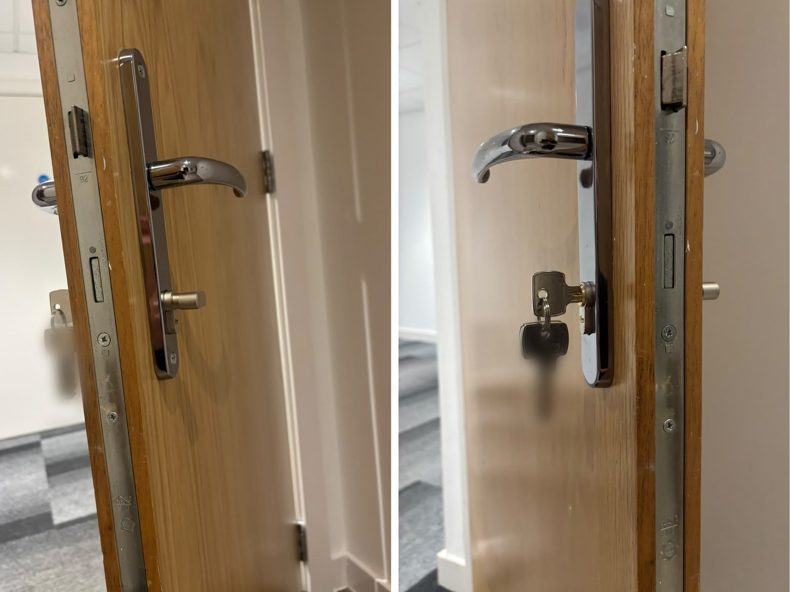 Apartment front door in Ashton-under-Lyne after Steve renewed the lock – thumb-turn on the inside, keyed cylinder on the outside