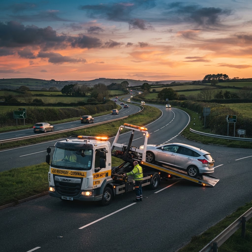 Recovery truck loading a car in Newquay