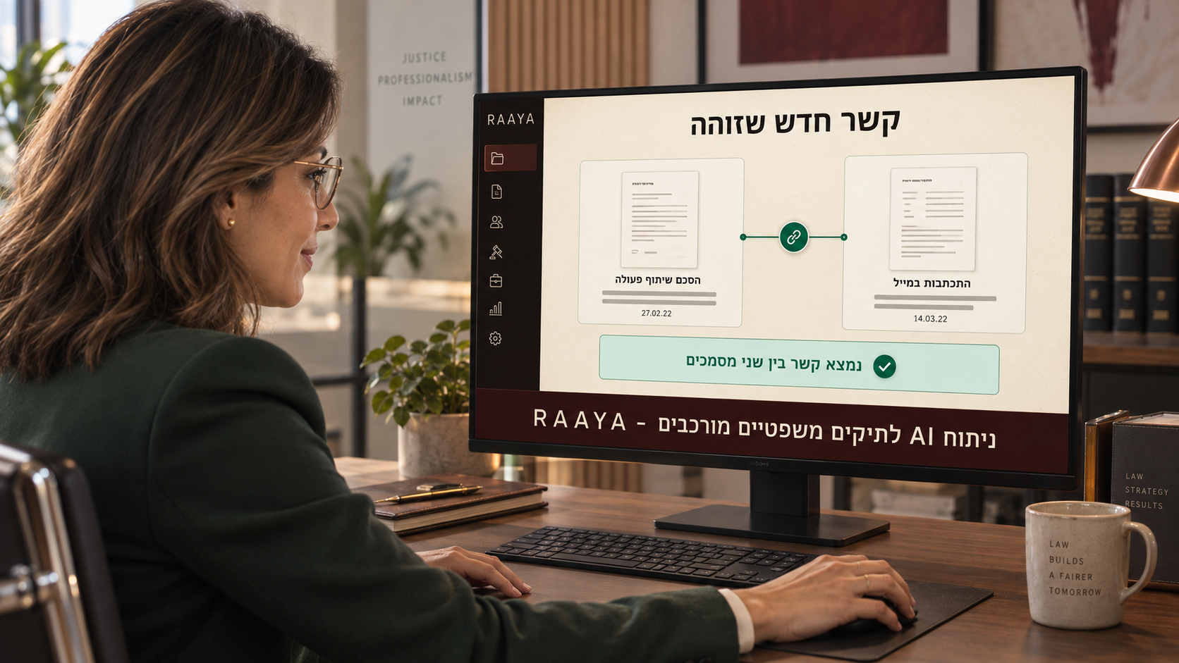 המחשה רעיונית: עורכת דין מול מסך המציג קשר בין שני מסמכים