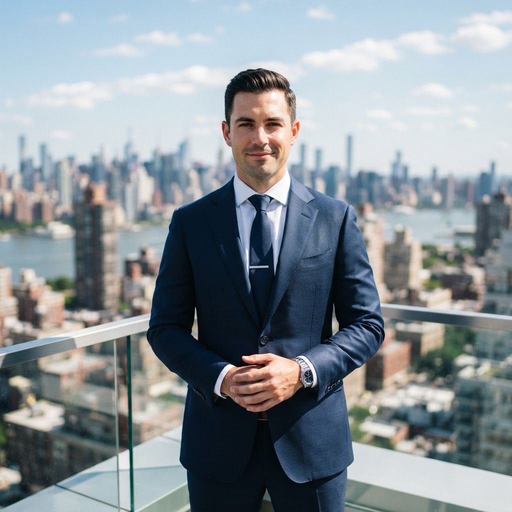 Confident successful male real estate agent in suit and tie with city skyline