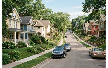 An established hillside street of two storey homes with clean windows and tidy gutters in Jefferson City.