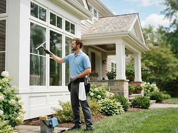 A window cleaner working on a bright home exterior on a clear day.