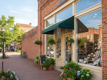 A clean glass storefront reflecting the sky on a small town street.