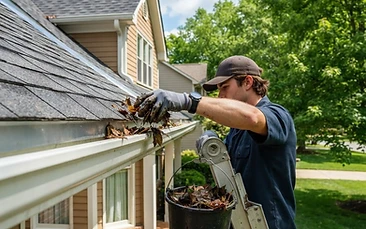 A gutter along a home roof edge being cleared of packed leaves by hand.