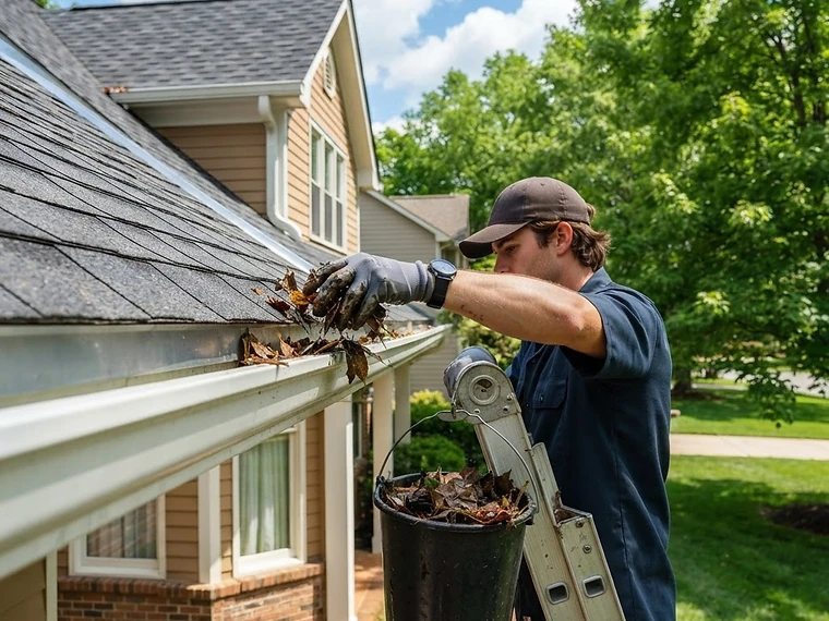 A home gutter being cleared by hand from a ladder on a bright autumn day.