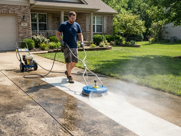 Clean concrete emerging behind a surface cleaner on a driveway in bright sun.