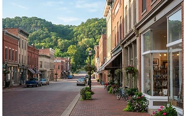 A quiet historic main street in a small Missouri river town with clean brick storefront windows.