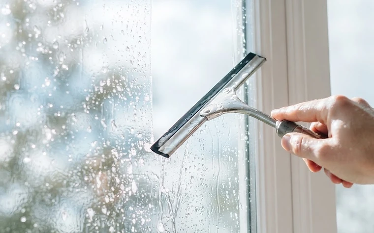 A squeegee clearing water from a bright, spotless window pane in daylight.