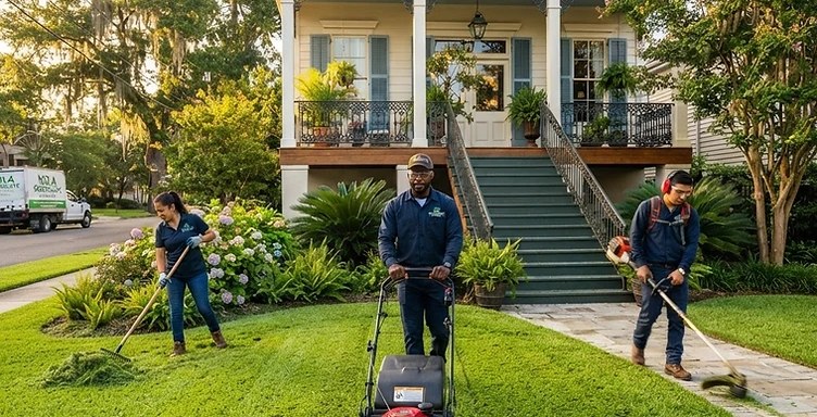 Lawn Peeps crew mowing and edging a residential lawn in a New Orleans neighborhood