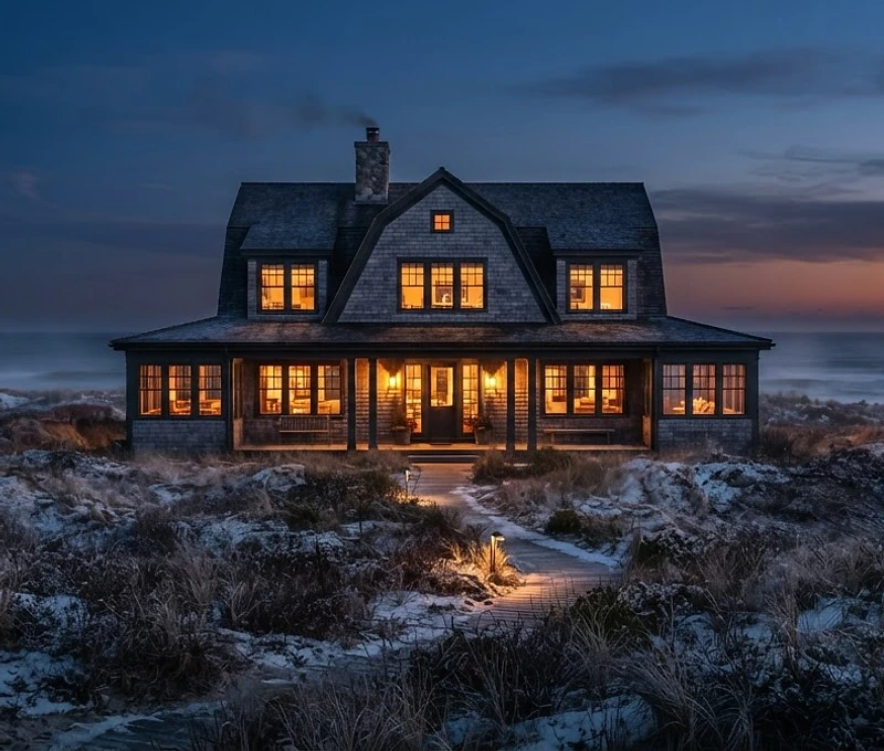 A Cape Cod shingle-style home glowing at winter dusk