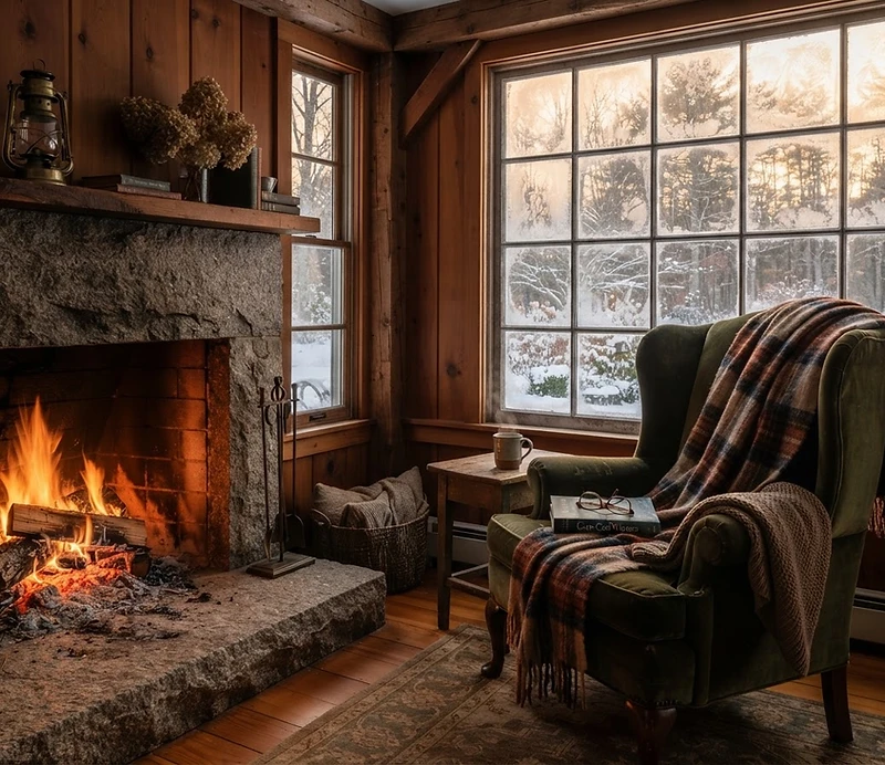 A warm hearth beside a frost-covered window