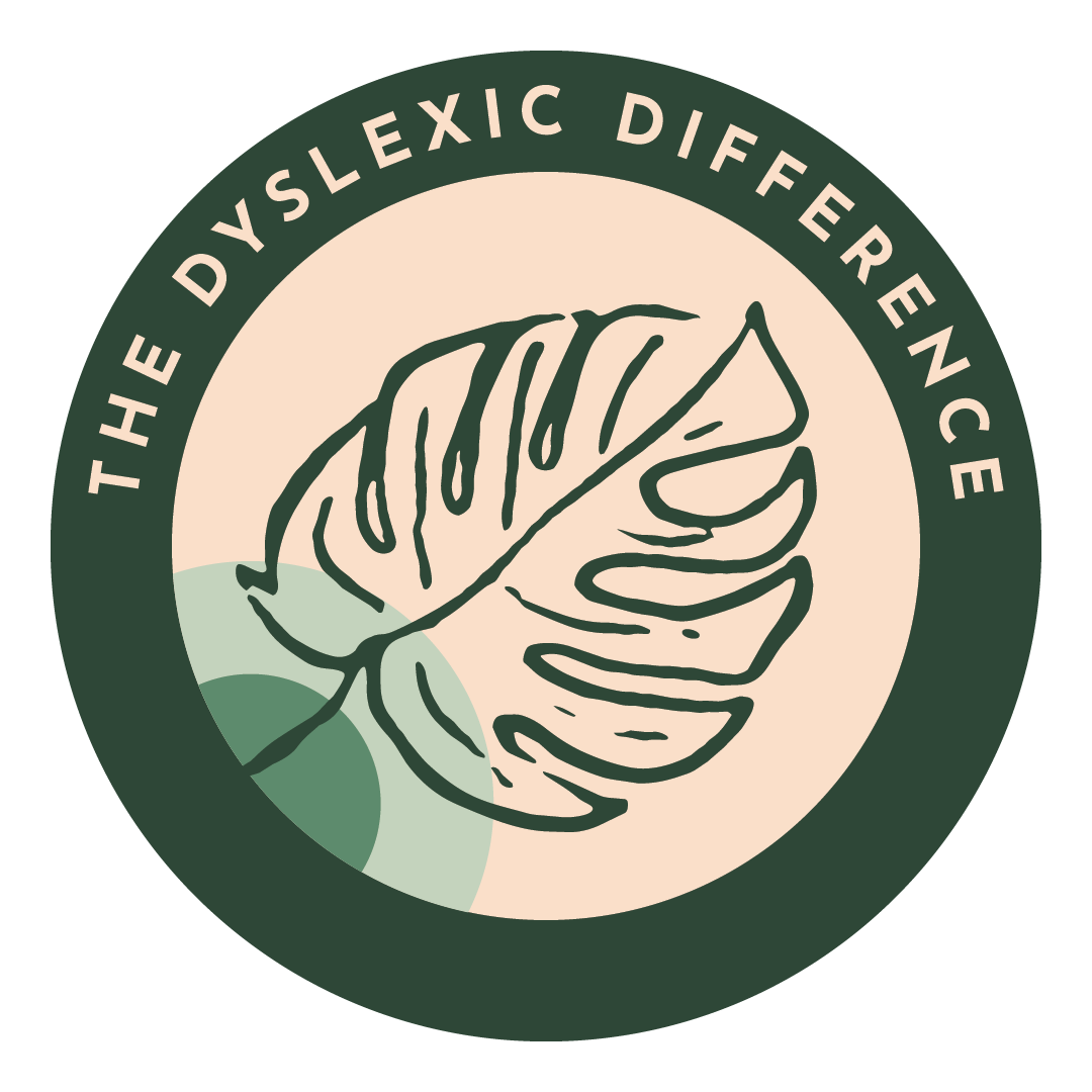 The Dyslexic Difference circular badge with a monstera leaf