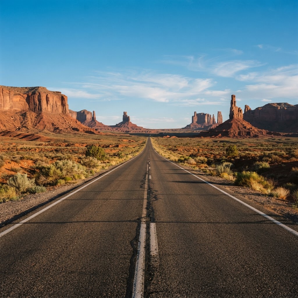 A long straight road through a red rock desert