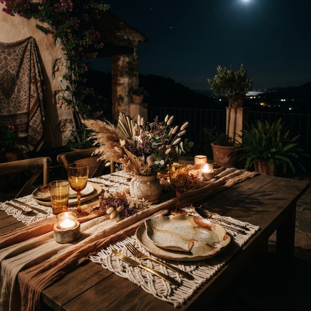 Romantic candlelit dinner table