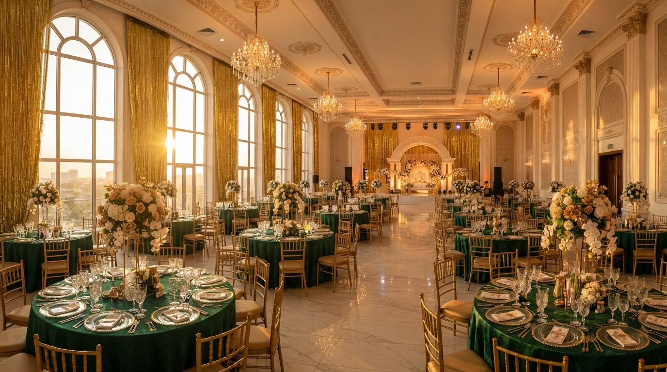 Grand ballroom setup at Decency Event Center with emerald and gold theme