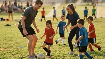 Athlete volunteers helping young players at a community soccer practice