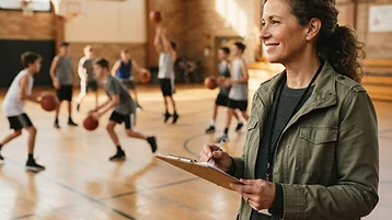 A youth sports program director holding a clipboard while teenagers practice on the court behind