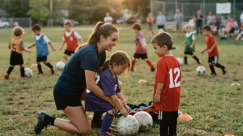 A volunteer coach helping young athletes at a community sports practice