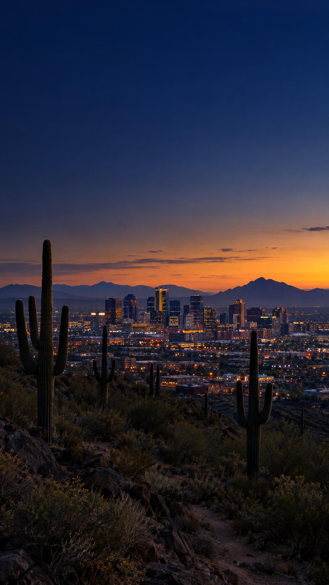 Arizona Sonoran desert at sunset with saguaros, Phoenix skyline, and a road leading toward the city