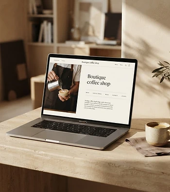 Laptop con un diseño web para una cafetería, sobre un escritorio de tonos cálidos